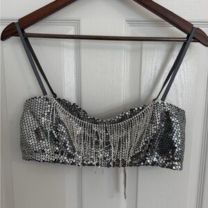 Anthropologie Silver Sequin Fringe Camisole